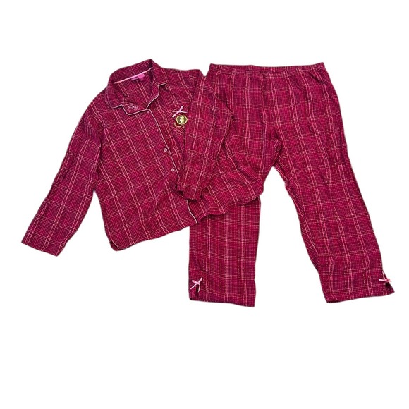 Vintage Disney Winnie the Pooh Flannel Pajama Set Hot Pink Plaid Size M-L Check - Picture 2 of 11